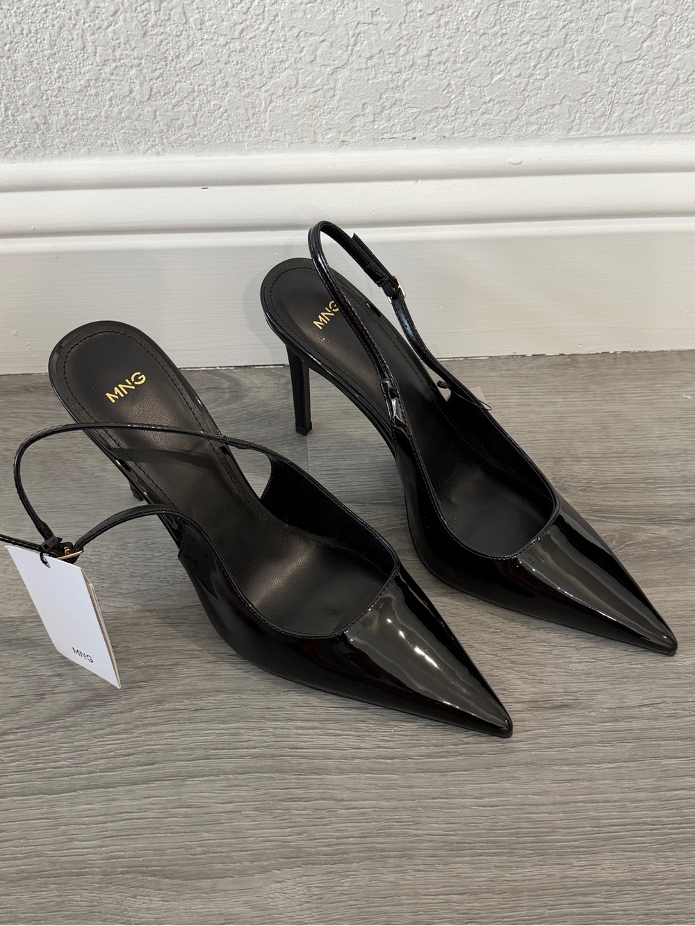 Mango Black Patent Pointed Slingback Heels